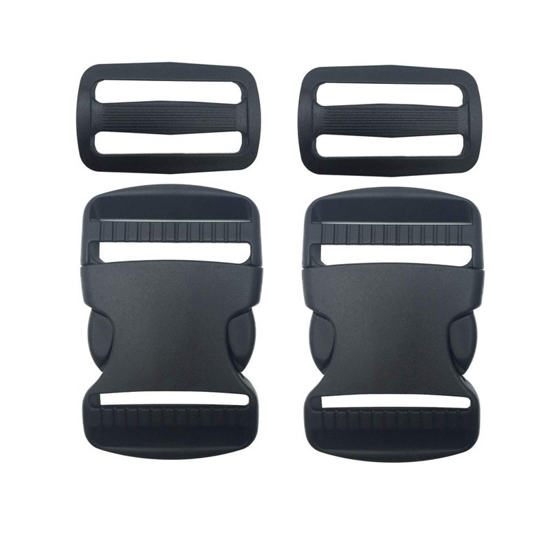 EesTeck 2 Set 1.5 Inch Flat Dual Adjustable Plastic Quick Side Release Plastic Buckles and Tri-glide Slides for Luggage Straps Pet Collar Backpack Repairing (Black, Fit For 1.5â€/38mm Webbing Straps) - Image 1